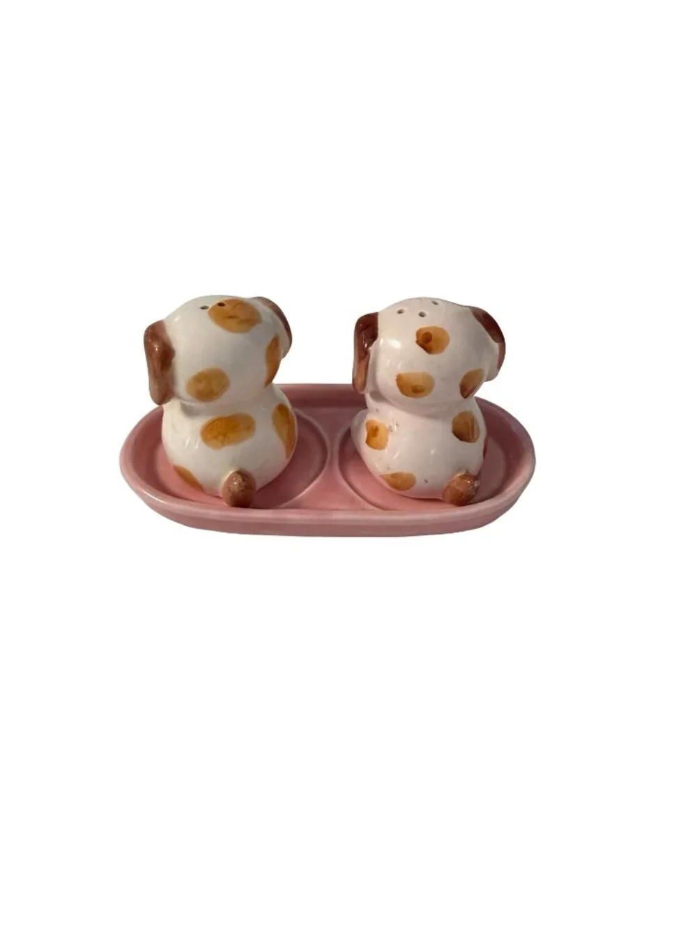 Vintage Japan Puppy Dog Salt And Pepper Shakers With Pink Tray Ceramic Set